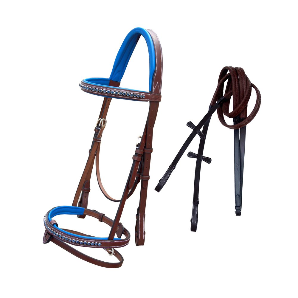 Exion Dark Blue Bling Browband & Snaffle Noseband Bling Bridle with Dark Blue Lined Crown Piece & Rubber Reins. | Browbands with Bling | Bling Browbands (Oak Brown, Cob)