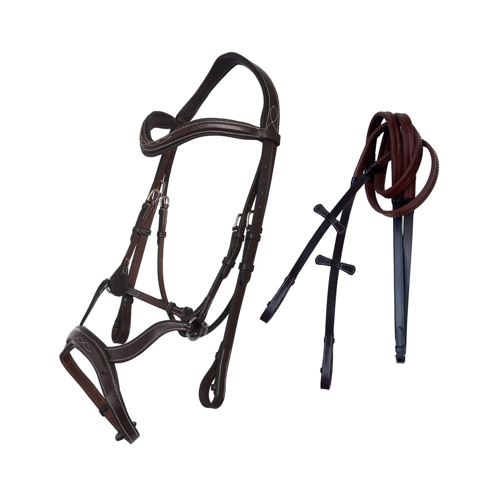 ExionPro Exion English Jumping Bridle for Horses with Combined Flash Noseband | Anatomical Monocrown Padded Headpiece & Rubber Reins | Black/Brown Show Bridle for Eventing & Training
