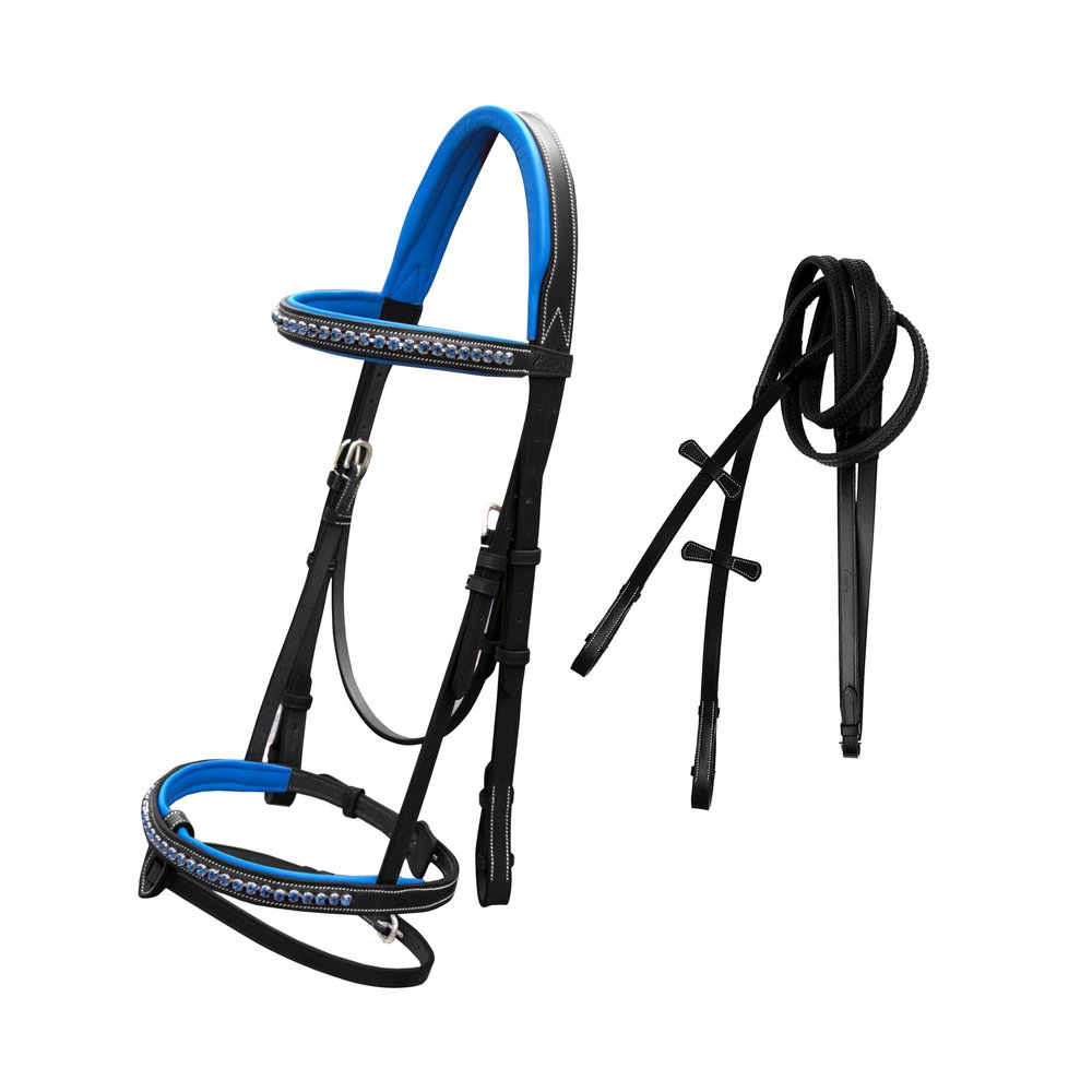 Exion Dark Blue Bling Browband & Snaffle Noseband Bling Bridle with Dark Blue Lined Crown Piece & Rubber Reins. | Browbands with Bling | Bling Browbands (Black, Full)