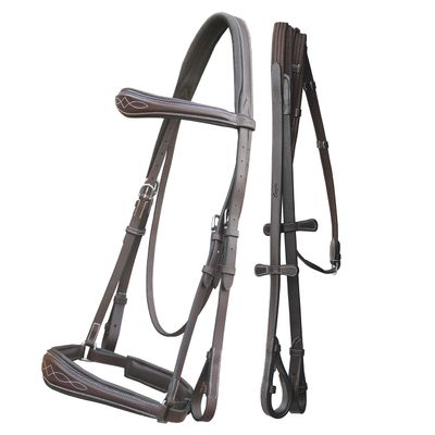 Exion Dressage Bridle for Horses  Anatomical Leather Bridle with Padded Noseband & Browband | Includes Web Reins with Hand Stoppers | Black & Brown | Cob, Full, Pony & Warmblood Sizes