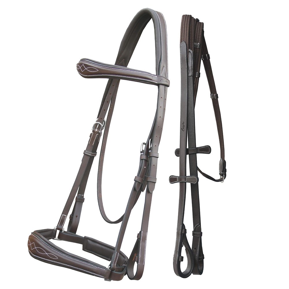 Exion Dressage Bridle for Horses Anatomical Leather Bridle with Padded Noseband & Browband | Includes Web Reins with Hand Stoppers | Black & Brown | Cob, Full, Pony & Warmblood Sizes