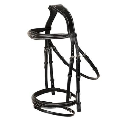 Exion Horse English Jumping Flash Bridle with Ergonomic Crownpiece, Soft Padded Anatomical Snaffle Noseband & Rubber Reins (Black, Full)
