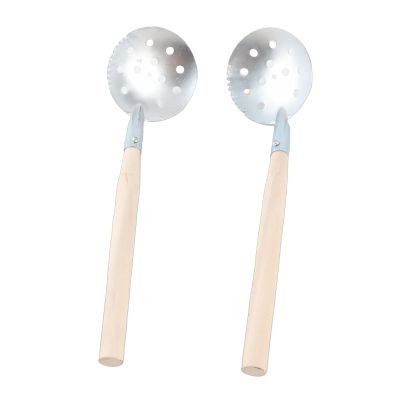 Vbest life 2pcs Winter Fishing Skimmer Silver Wooden Handle Ice Fishing Skimmer Portable Toothed Ice Fishing Scoop