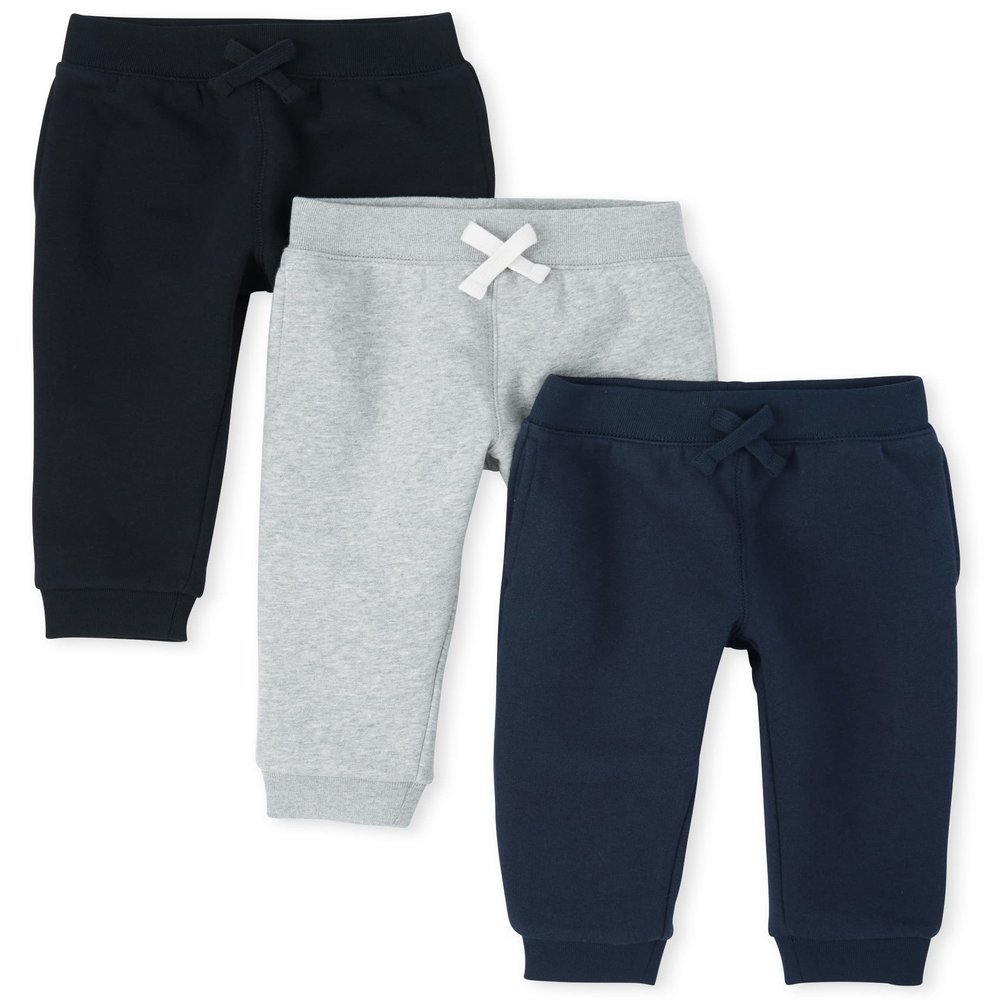 The Children's Place baby boys And Toddler Active Fleece Jogger Pants, Black/Smoke Gray/New Navy 3 Pack, 6-9 Months US