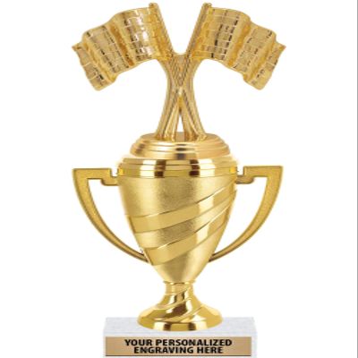 Crown Awards Racing Trophy, 11" Gold Cup Crossed Flags Race Trophies with Engraving Included, 5 Pack