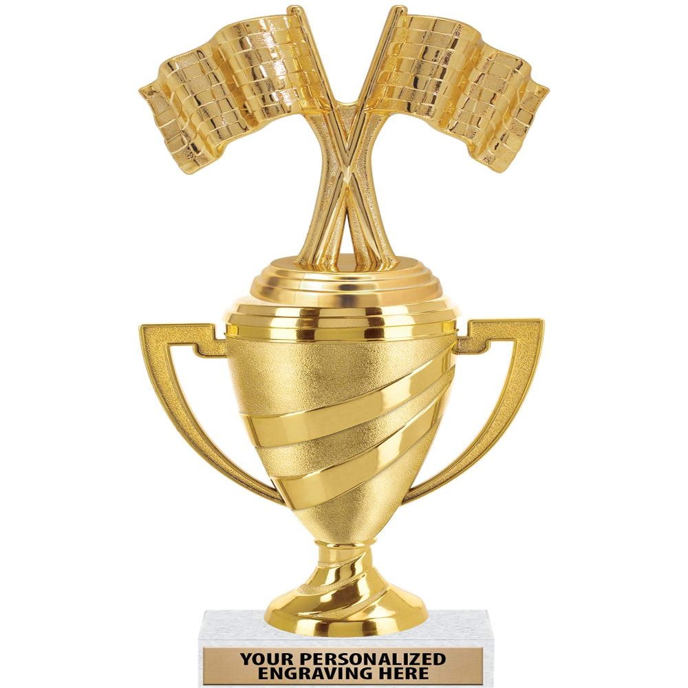 Crown Awards Racing Trophy, 11" Gold Cup Crossed Flags Race Trophies with Engraving Included, 5 Pack