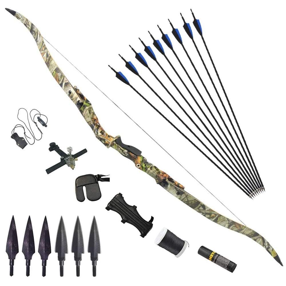 64 Inch Takedown Recurve Bow Hunting Bow 30-50lbs Long Bow Right Handed ILF Bow Riser with Carbon Arrows for Adult Shooting Target Practice (Camo Set, 45lbs)