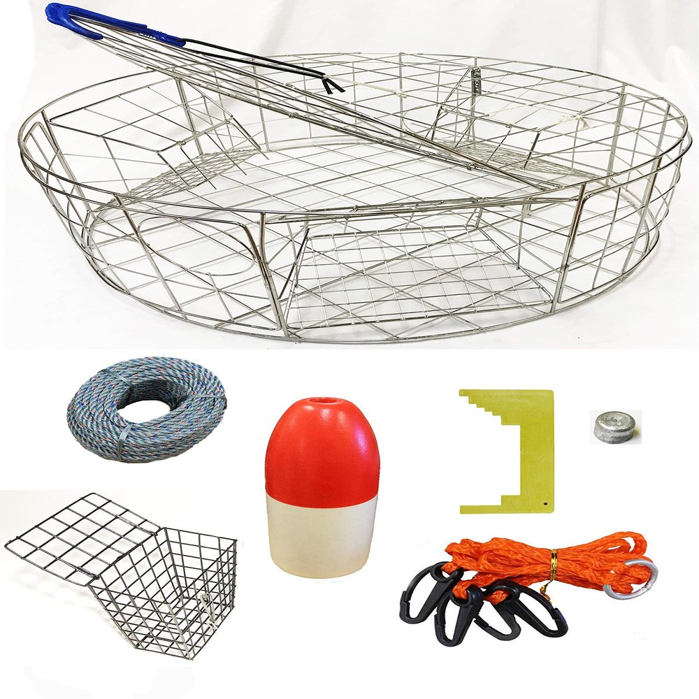 KUFA Stainless Steel Round Crab Trap with sacrificial Anode Zinc & 5/16" x 100' Lead core Sinking Line,13'' Red/White Float,Harness,Caliper,Bait Cage Combo (CT120+CL391+ZIN1)
