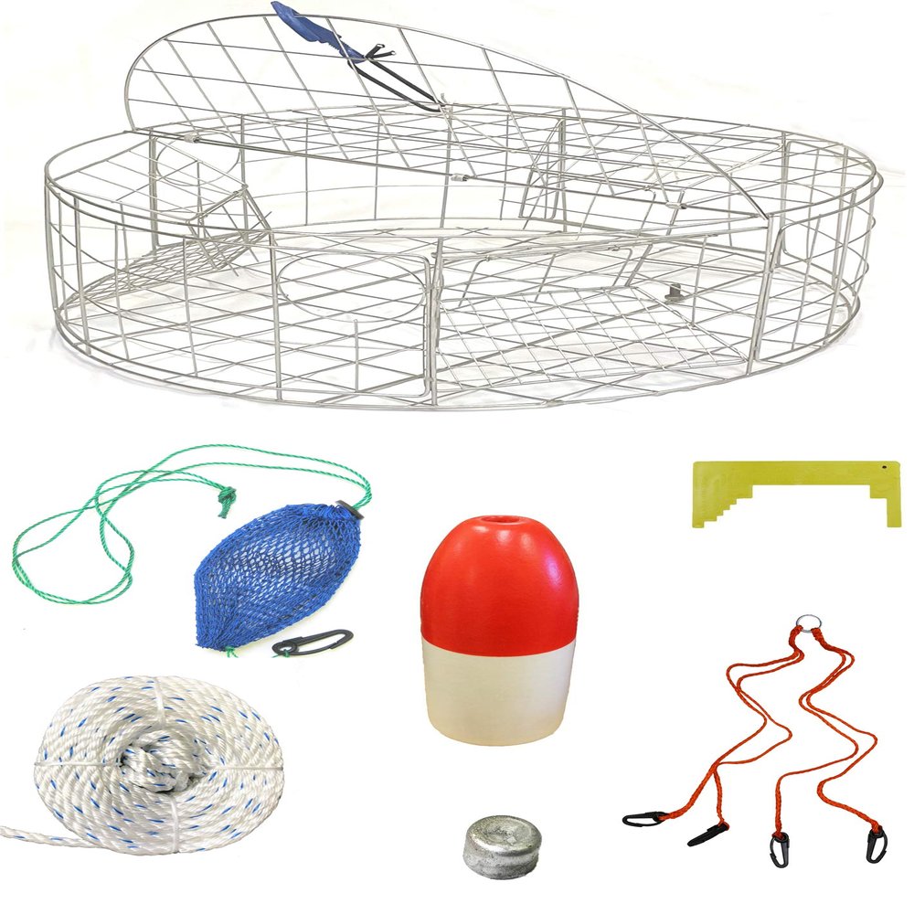 KUFA Stainless Steel Round Crab Trap with sacrificial Anode Zinc & 1/4" x 100' Non-Lead Sinking Line,13'' Red/White Float,Harness,Caliper,Bait Bag Combo (CT120+CAS34+ZIN1)