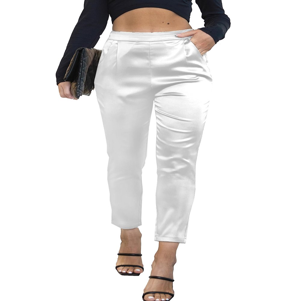 heipeiwa Women's Satin Pants Dress Casual Pleated Pull on High Waist Pants Baggy Front Tapered Trouser White