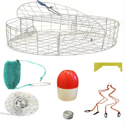 KUFA Stainless Steel Round Crab Trap with sacrificial Anode Zinc & 1/4" x 100' Non-Lead Sinking Line,13'' Red/White Float,Harness,Caliper,Bait Bag Combo (CT120+CAS37+ZIN1)