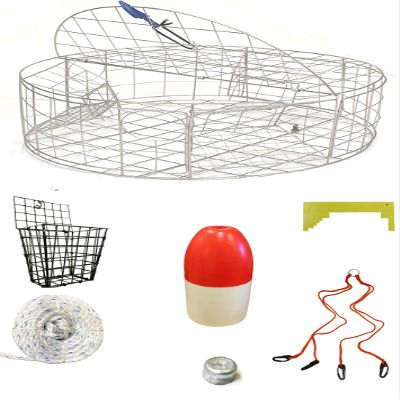 KUFA Stainless Steel Round Crab Trap with sacrificial Anode Zinc & 5/16" x 100' Non-Lead Sinking Line,11'' Red/White Float,Harness,Caliper,Bait Cage Combo (CT120+CM191+ZIN1)