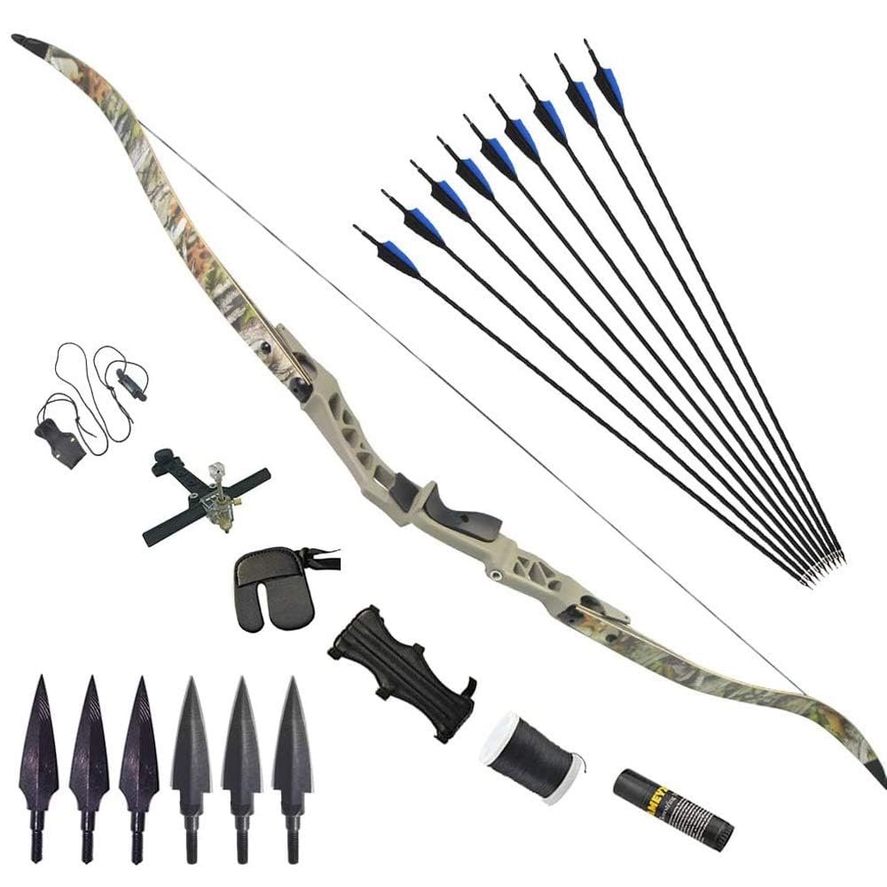 64 Inch Takedown Recurve Bow Hunting Bow 30-50lbs Long Bow Right Handed ILF Bow Riser with Carbon Arrows for Adult Shooting Target Practice (Earth Set, 40lbs)