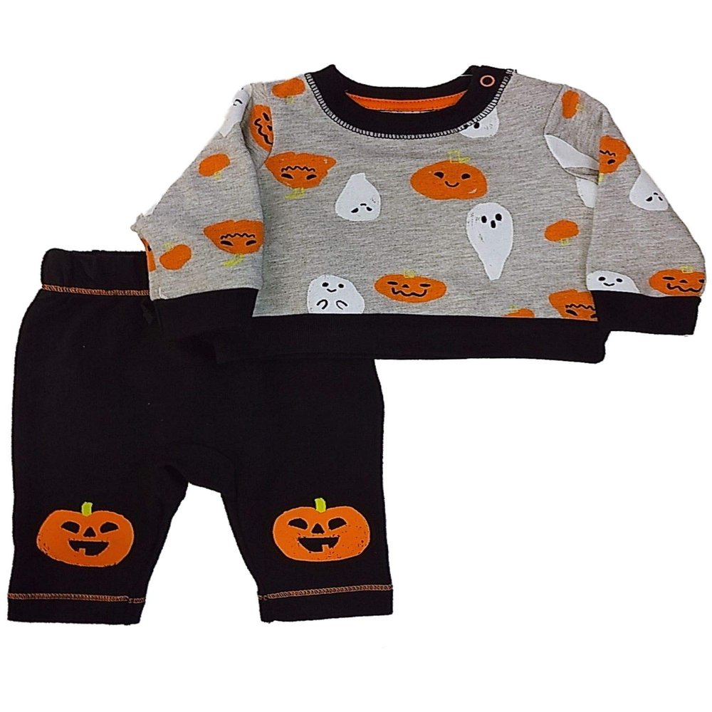 Infant Boys Gray Ghost & Pumpkin Halloween Shirt & Pants Outfit Set NB