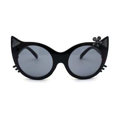 SA106 Girls Kitty Cat Ear Whisker Flower Cat Eye Sunglasses All Black