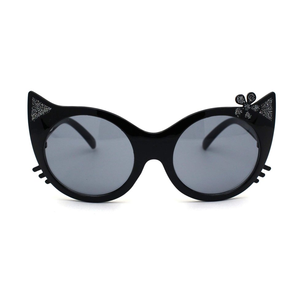 SA106 Girls Kitty Cat Ear Whisker Flower Cat Eye Sunglasses All Black