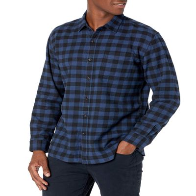 Amazon Essentials Men's Long-Sleeve Flannel Shirt, Black Blue Buffalo Plaid, Small