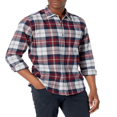 Amazon Essentials Men's Long-Sleeve Flannel Shirt, Burgundy Grey Plaid, Large