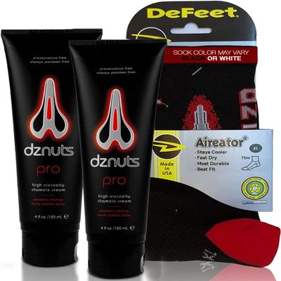 dznuts Men's Pro Chamois Cream + Cycling Socks, Anti-Chafing Cream for Saddle Sores & Inner Thigh Friction (Black or White, Color May Vary)
