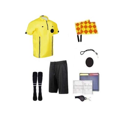 Soccer Referee 9 Piece Short Sleeve Package Referee Jersey Black Shorts Socks patch Whistle lanyard Referee wallet cards Flag set (Yellow, Adult Medium)