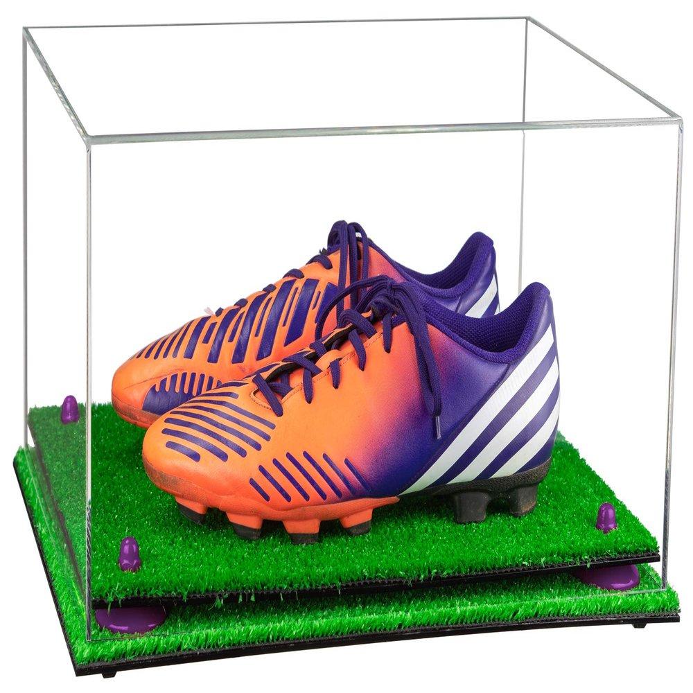 Better Display Cases Clear Acrylic Shoe Pair Display Case for Soccer Cleats Football Cleats with Purple Risers and Turf Base (A026-PR)