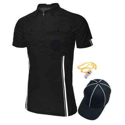 TopTie Men's Pro Soccer Referee 3 Piece Package, USSF Short Sleeve Referee Shirt, Hat and Metal Coach Whistle-Black-XL