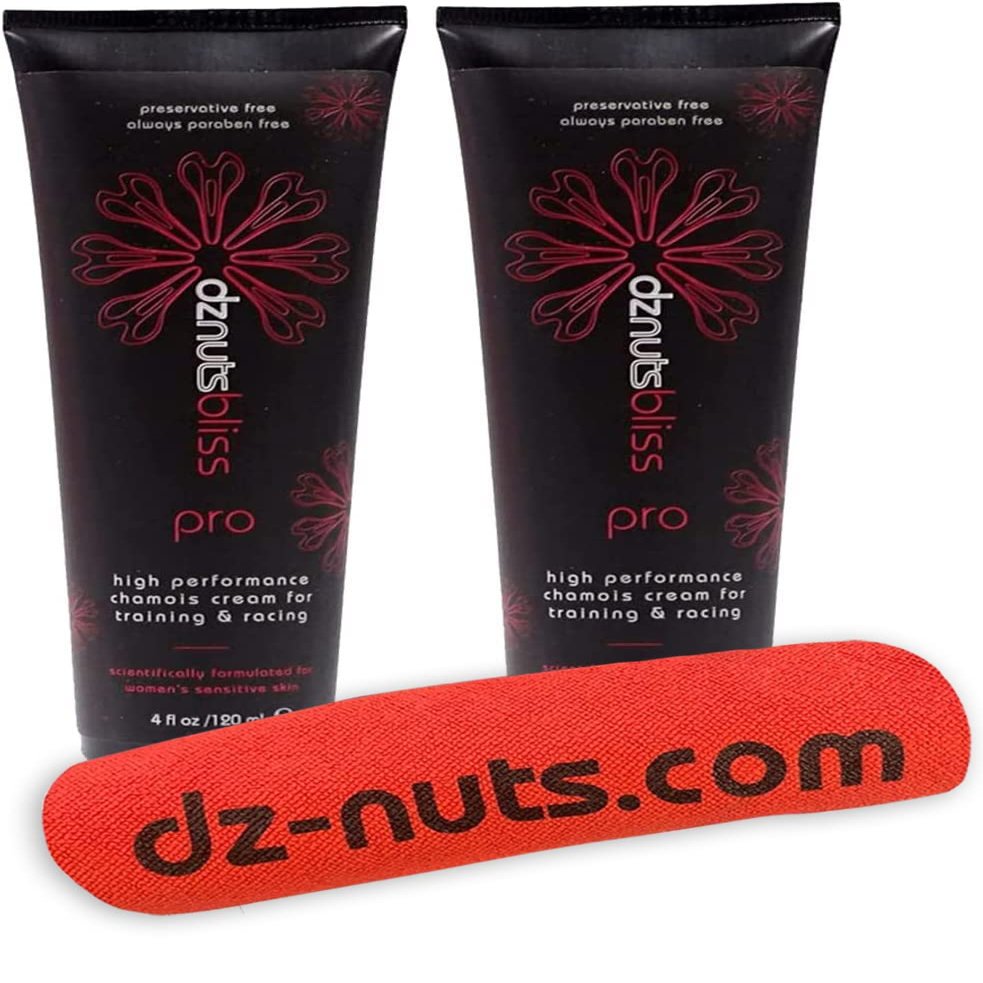 dznuts - Womens Bliss Chamois Cream - Anti-Chafing for Saddle Sores, Thigh Friction, Skin Irritation - Cyclists, Runners - (2-Pack) + Towel