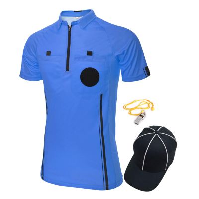 TopTie Men's Pro Soccer Referee 3 Piece Package, USSF Short Sleeve Referee Shirt, Hat and Metal Coach Whistle-Blue-XS