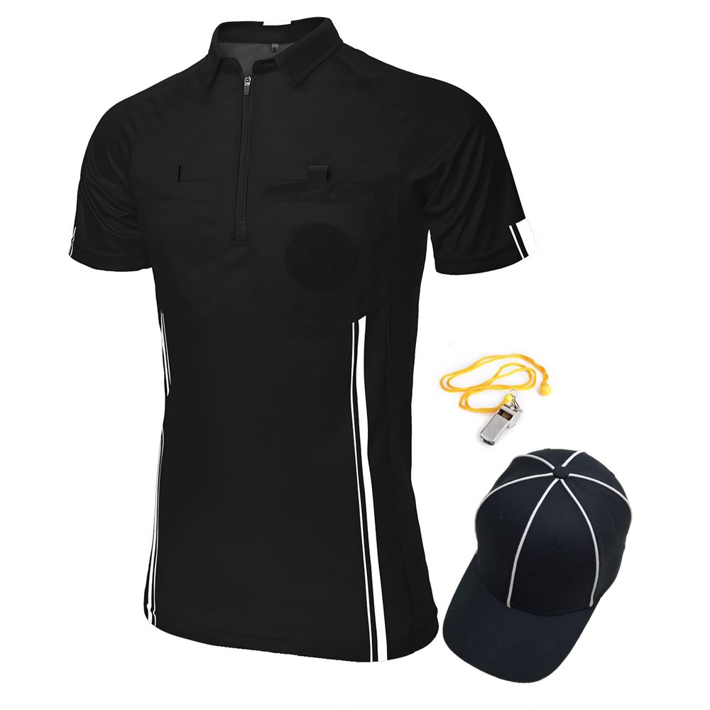 TopTie Men's Pro Soccer Referee 3 Piece Package, USSF Short Sleeve Referee Shirt, Hat and Metal Coach Whistle-Black-S