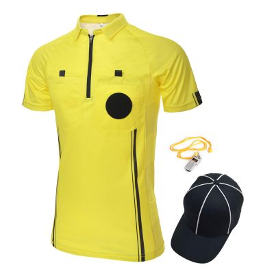 TopTie Men's Pro Soccer Referee 3 Piece Package, USSF Short Sleeve Referee Shirt, Hat and Metal Coach Whistle-Yellow-S