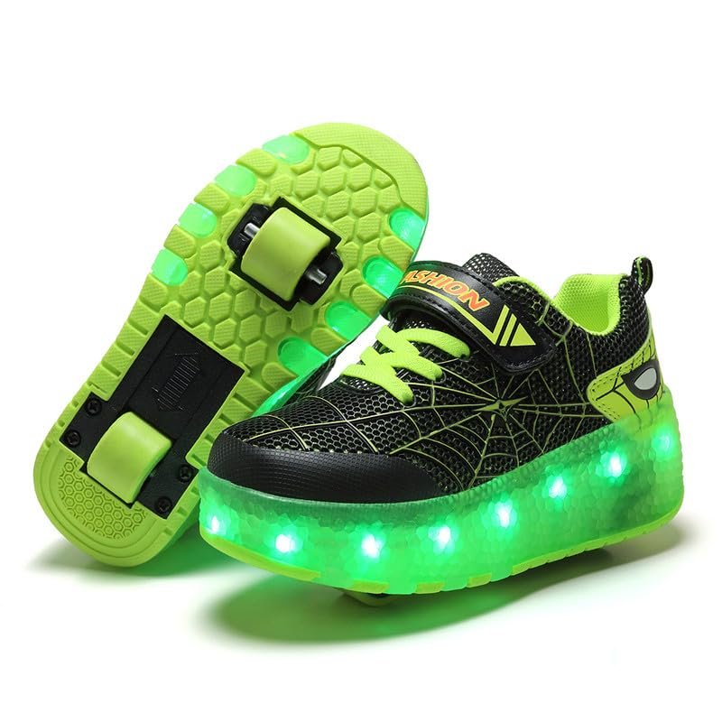 BFOEL Rechargeable Roller Shoes for Boys Girls Age 6-14 with LED Light-Up Kids Sneakers for Outdoor Play, Birthday Black-Green