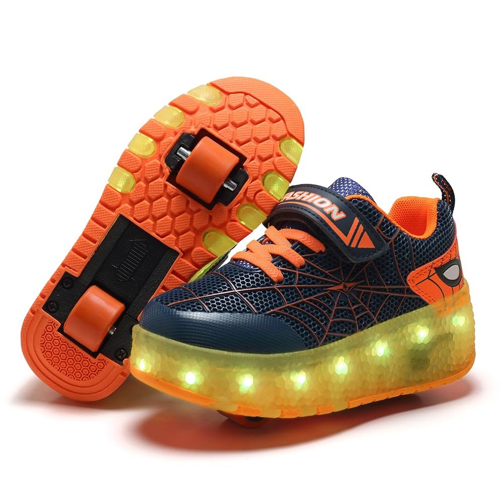 BFOEL Rechargeable Roller Shoes for Boys Girls Age 6-14 with LED Light-Up Kids Sneakers for Outdoor Play, Birthday Blue-Orange