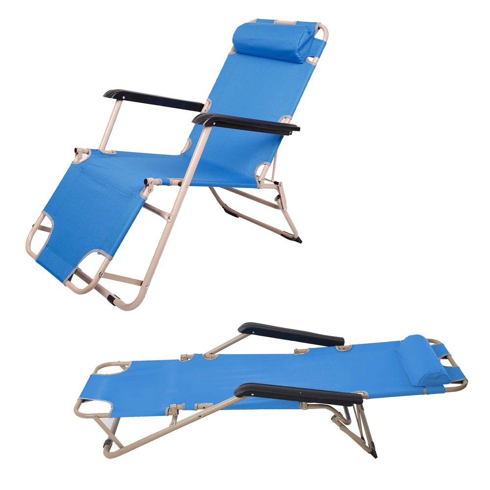 LUCKYERMORE 2 Pack Beach Outdoor Lounge Chairs, Tanning Lounge Chair and Full Flat Cot 2 in 1, Folding Reclining Chairs for Outdoor Lawn Beach Pool Camping, 60" L x 19" W, Blue