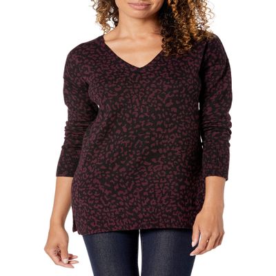 Amazon Essentials Women's Lightweight Long-Sleeve V-Neck Tunic Sweater (Available in Plus Size), Black Animal Print, Small