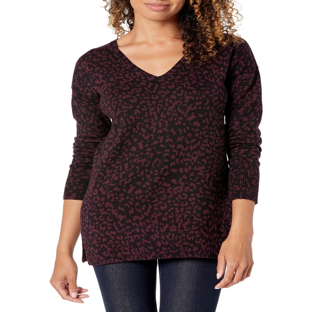 Amazon Essentials Women's Lightweight Long-Sleeve V-Neck Tunic Sweater (Available in Plus Size), Black Animal Print, Small