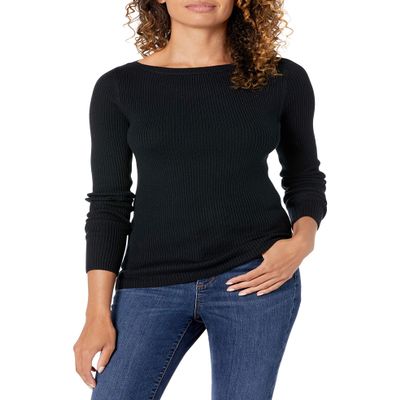 Amazon Essentials Women's Lightweight Ribbed Long-Sleeve Boat Neck Slim-Fit Sweater, Black, Medium