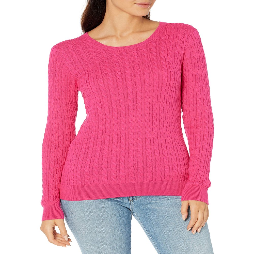 Amazon Essentials Women's Lightweight Long-Sleeve Cable Crewneck Sweater (Available in Plus Size), Bright Pink, X-Large