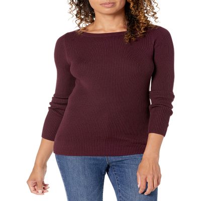 Amazon Essentials Women's Lightweight Ribbed Long-Sleeve Boat Neck Slim-Fit Sweater, Burgundy, Medium