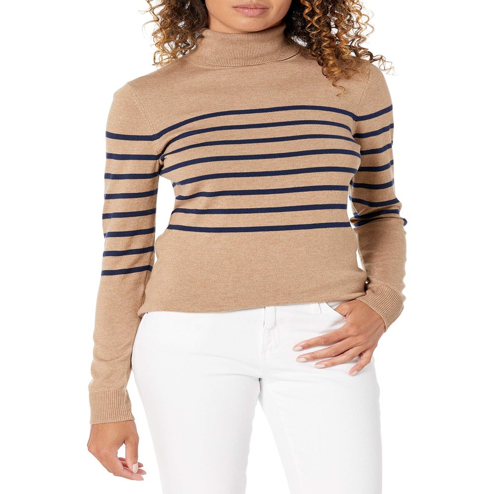 Amazon Essentials Women's Classic-Fit Lightweight Long-Sleeve Turtleneck Sweater (Available in Plus Size), Camel Navy Placed Stripe, X-Large