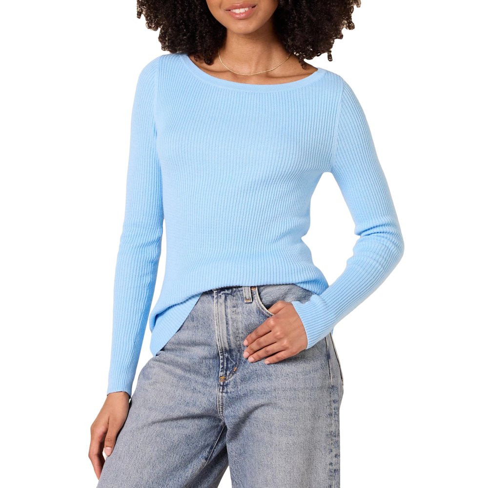 Amazon Essentials Women's Lightweight Ribbed Long-Sleeve Boat Neck Slim-Fit Sweater, Sky Blue, Small