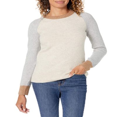 Amazon Essentials Women's Regular-Fit Soft Touch Long-Sleeve Crewneck Sweater, Grey Oatmeal Heather Color Block, X-Small
