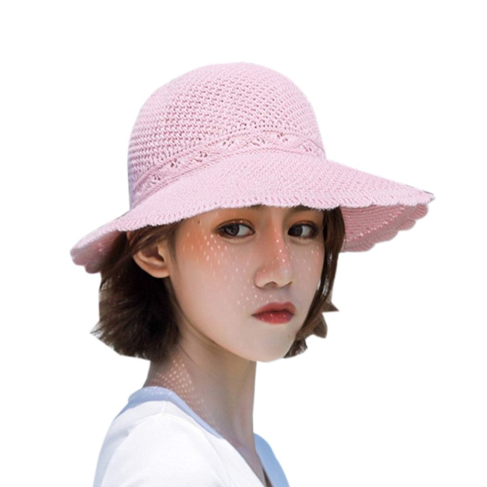 Elonglin Straw Sunhat Women Foldable Large Brim Summer Beach Outdoor Adjustable Sun Hat Ribbon Bow Anti-UV Protection (Pink)