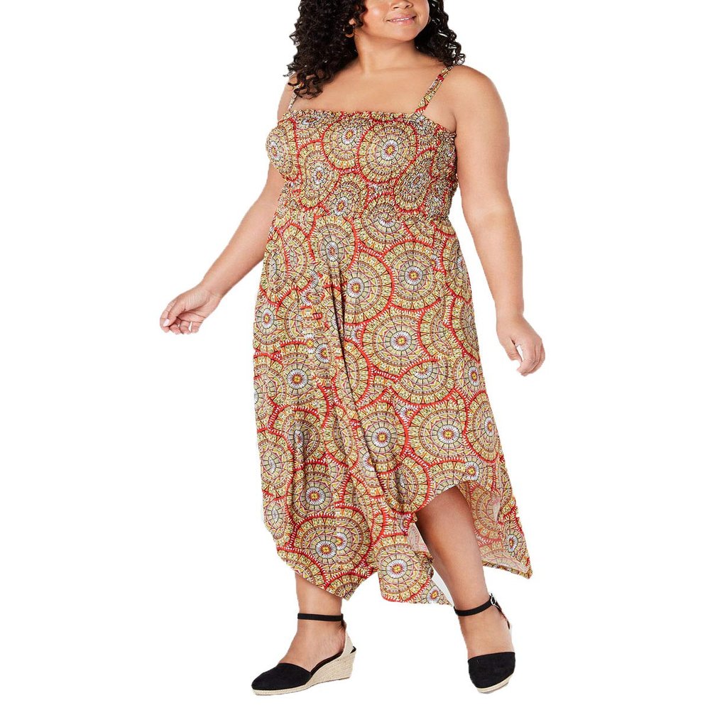 Love Squared Womens Plus Smocked Printed Maxi Dress Yellow 2X