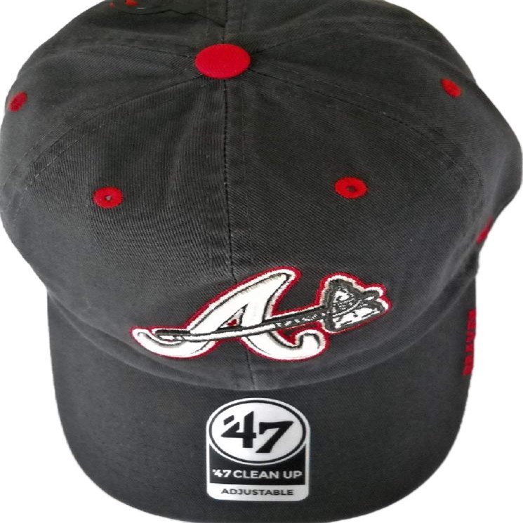 Atlanta Braves Unisex Adult Adjustable Low Profile Charcoal Gray Cap Hat with White and Black Embroidered A/Tomahawk Logo and Stitched Red Nickname on Bill