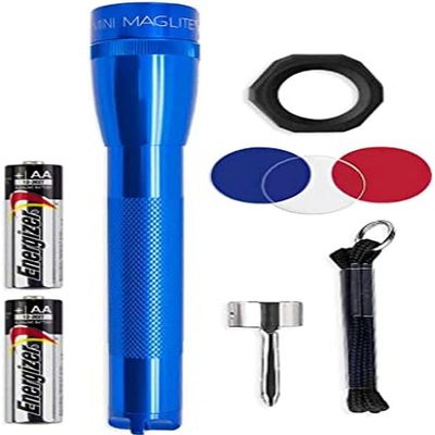 MagLite Mini LED Flashlight - Ultra Bright 127 Lumens, Adjustable Beam, Water-Resistant IPX4, Shock Resistant, 2 Power Modes, includes 2 AA Premium Alkaline Batteries - (Combo Pack, Blue)