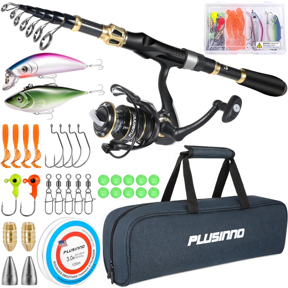 PLUSINNO Fishing Rod and Reel Combo,Fishing Pole,Telescopic Fishing Rod Kit with Spinning Reel, Telescopic Fishing Pole with Carrier Bag for Freshwater Saltwater for Men Women