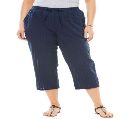 Woman Within Plus Size Petite Seersucker Pull-On Elastic-Waist Capri Pants - 34 W, Navy