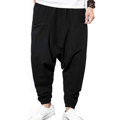 HZCX FASHION Men's Vintage Cotton Blends Linen Drop Crotch Jogging Harem Pants SJXZ220-2-K18-45-B-US S Black