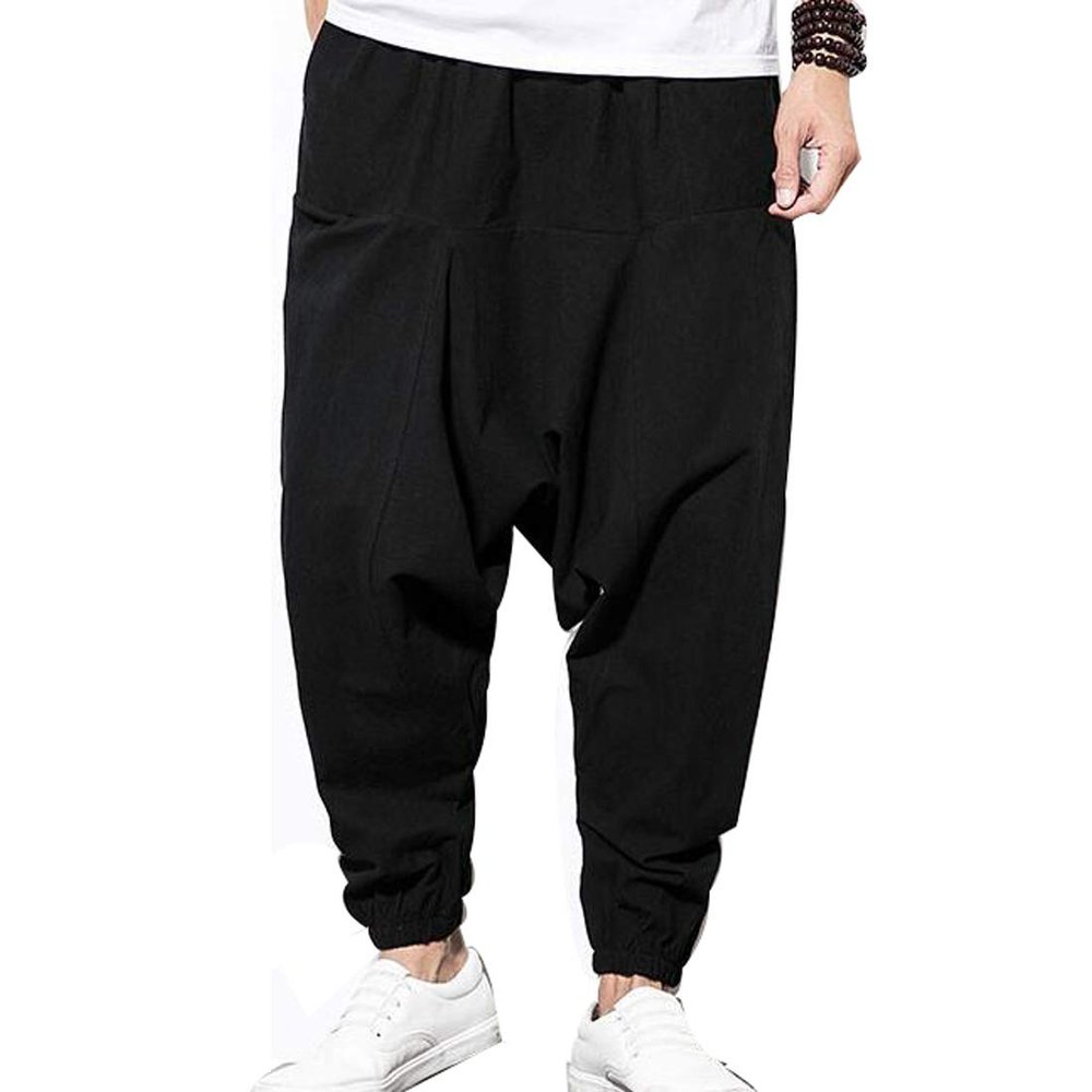 HZCX FASHION Men's Vintage Cotton Blends Linen Drop Crotch Jogging Harem Pants SJXZ220-2-K18-45-B-US S Black
