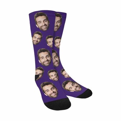 Custom Personalized Photo Socks Pet Face Printed Dark Purple Crew Socks for Dad Men Friends Father's Day Decor